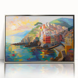 Framed acrylic print of Cinque Terre with vivid coastal colors, ideal for modern art wall decor.