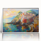 Mid-century modernist art of Cinque Terre with vibrant coastal colors on a framed acrylic, ideal for modern art wall decor.