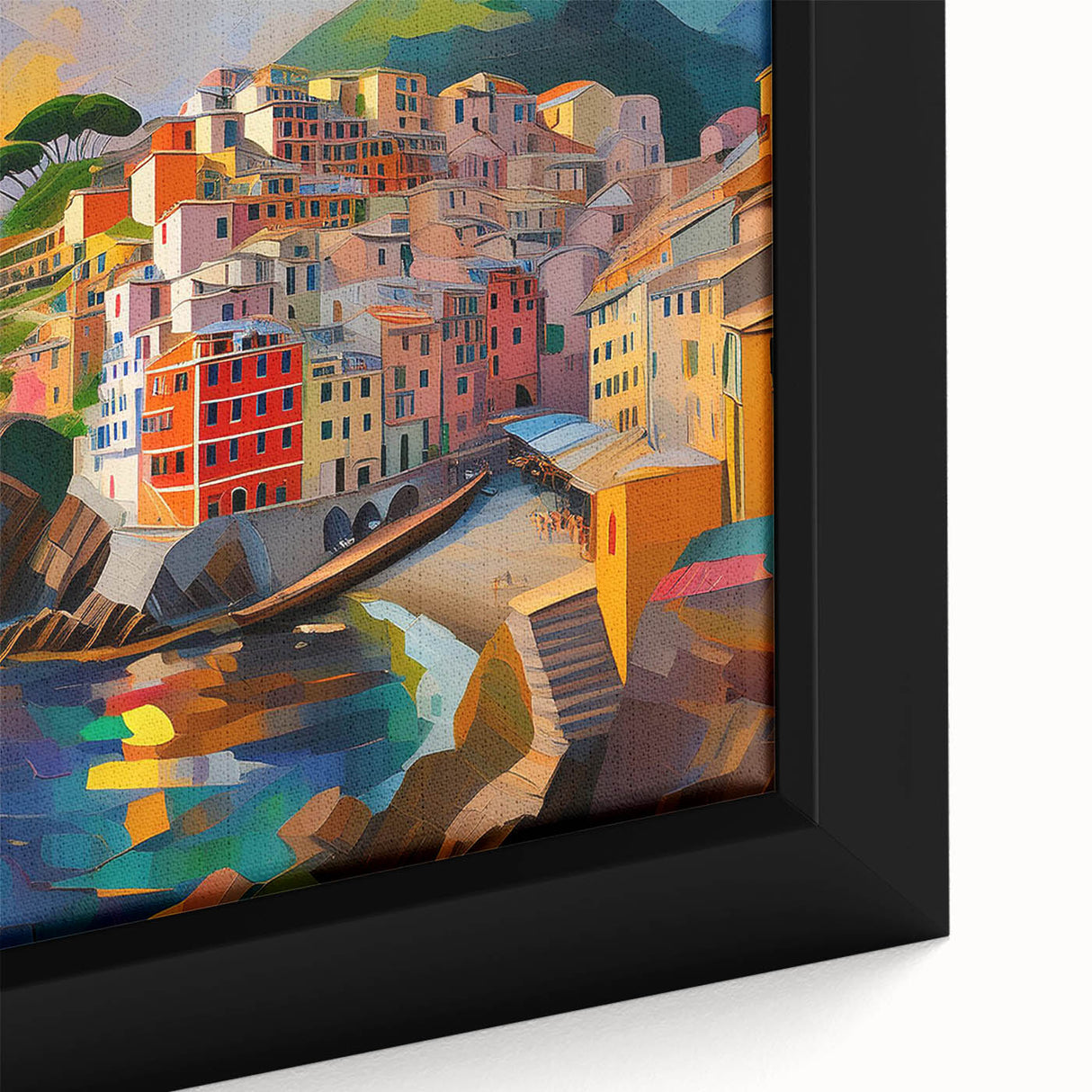 Framed canvas depicting Cinque Terre, Italy, in vibrant, colorful hues, ideal for living room decor.