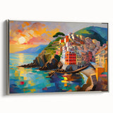 Framed canvas of Cinque Terre landscape art with vibrant coastal colors, ideal for adding a colorful touch to a living room.