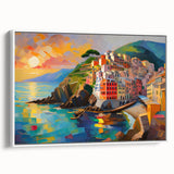 Vintage poster art of Cinque Terre with vibrant colors on a framed canvas, ideal for living room decor.