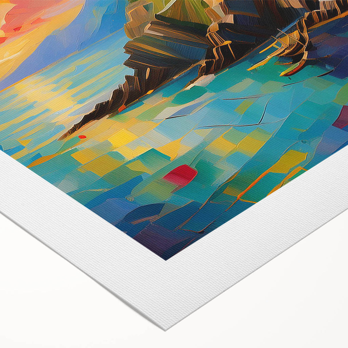 Art deco poster of Cinque Terre with vibrant coastal colors on rolled canvas, suitable for dining room decor.