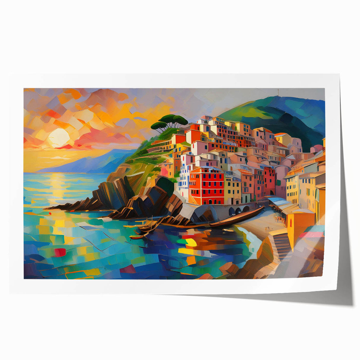 Rolled print of Cinque Terre scenery in vibrant coastal colors, ideal for art wall dining room placement.