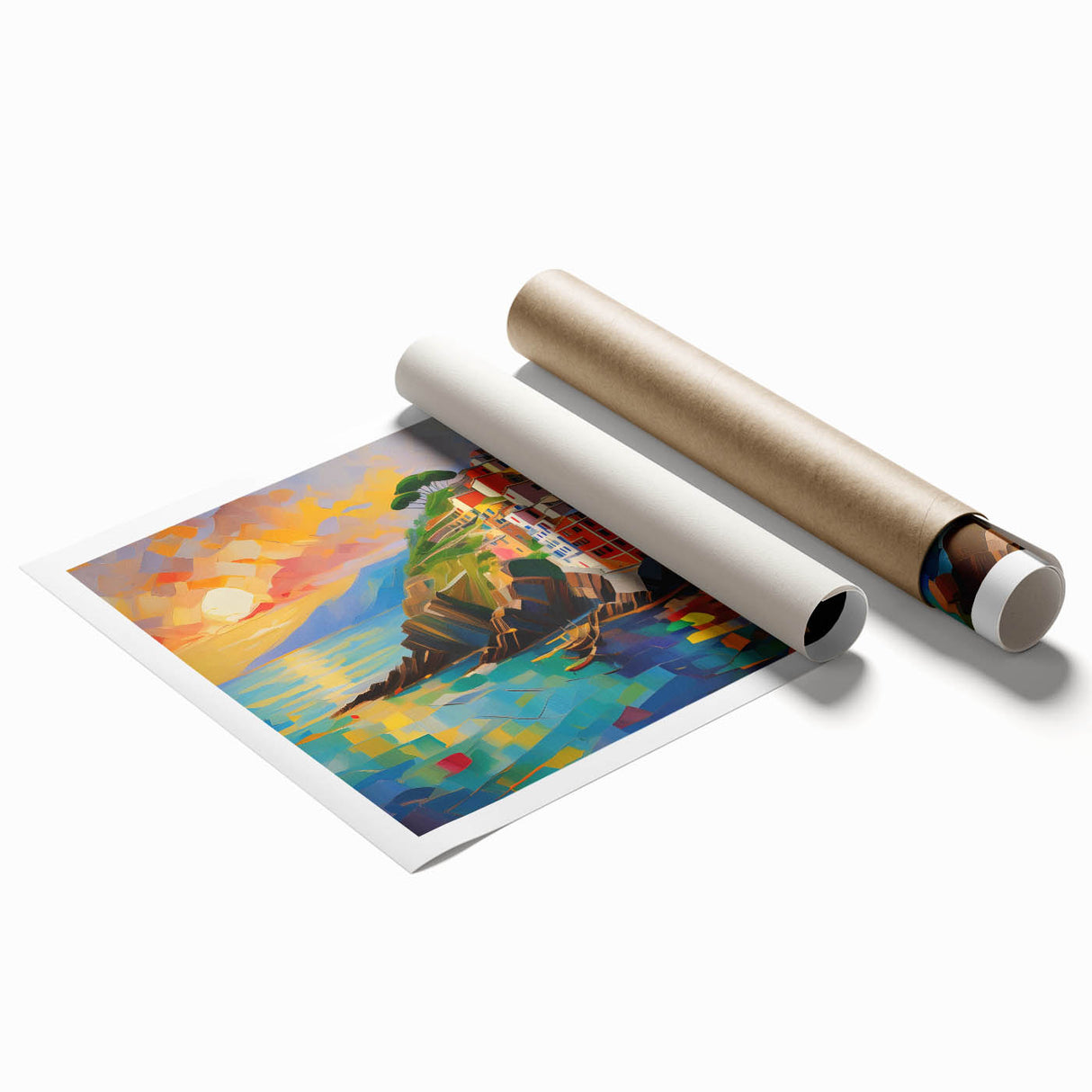 Rolled print of Cinque Terre scenery with vibrant blue sea and colorful houses, ideal for classy bathroom wall art.