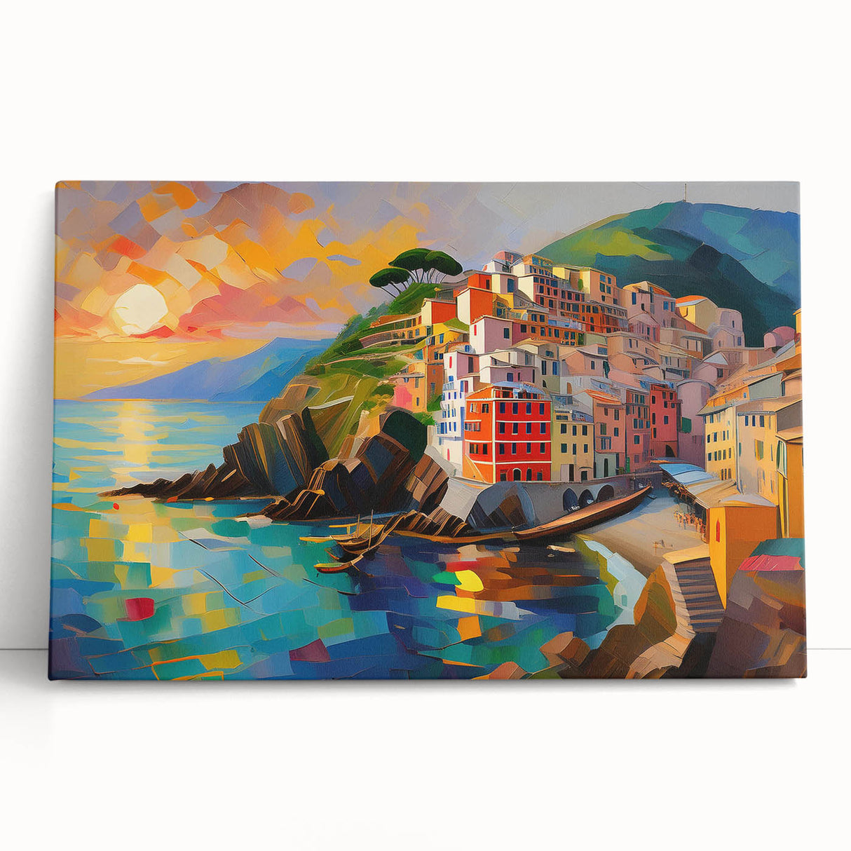 Black and white stretched canvas of Cinque Terre, ideal for kitchen wall art.