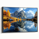 Black and white framed canvas of the Dolomites in Italy, ideal for bedroom wall art with a vintage poster style.