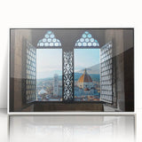 Mid-century modernist art of Florence skyline in muted earth tones on white framed acrylic, suitable for nursery wall decor.