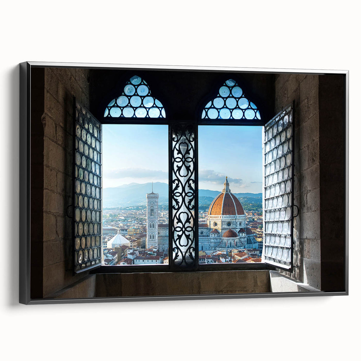 Framed canvas of a black and white vintage poster featuring the Florence landscape, ideal for bedroom decor.