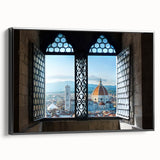 Framed canvas of a black and white vintage poster featuring the Florence landscape, ideal for bedroom decor.