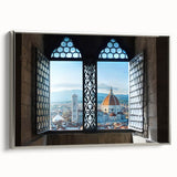 Framed canvas of a vintage-style Florence landscape painting with colorful art on a black background.