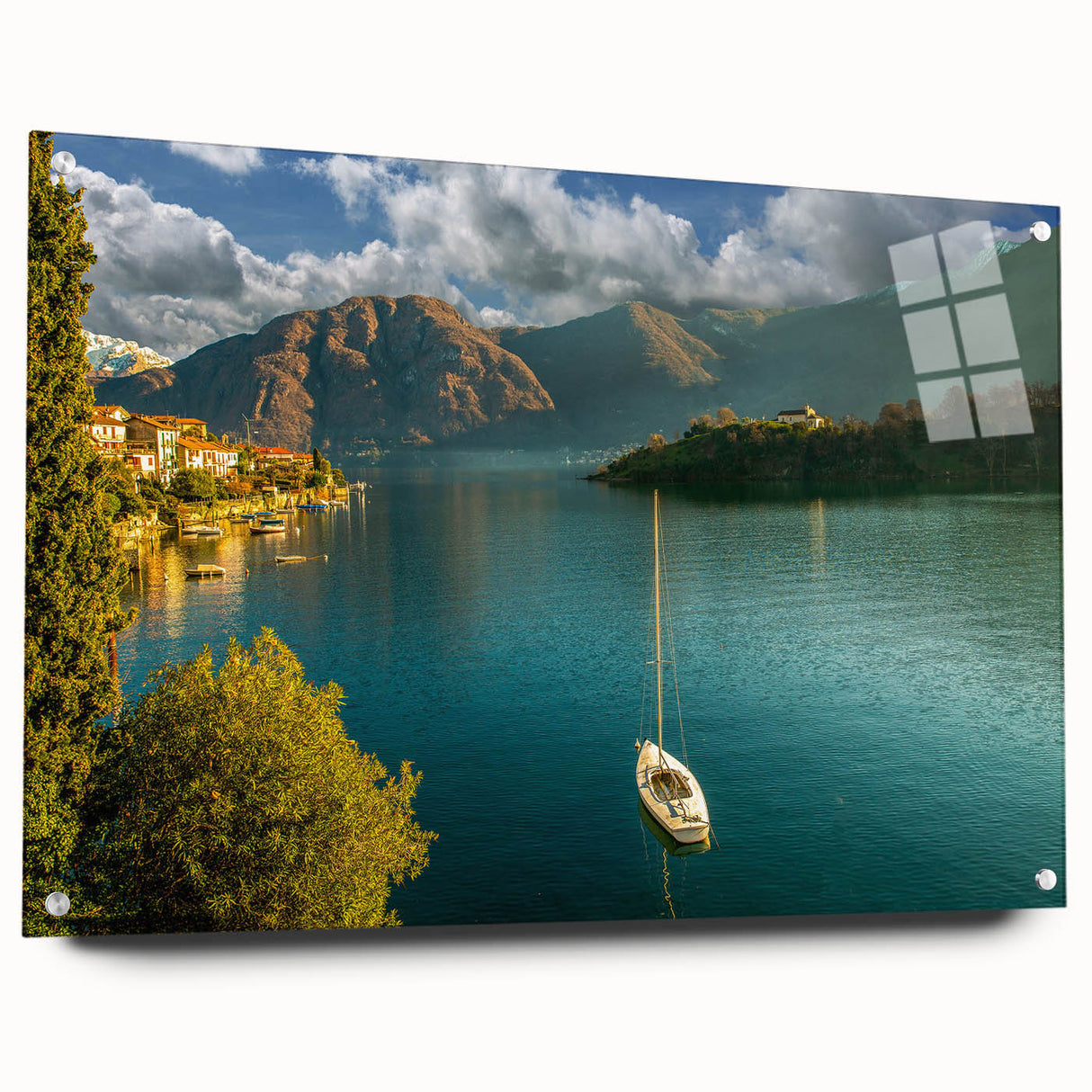 Acrylic print of Lake Como with vibrant blue and green hues, ideal for dining room decor.