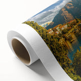 Art Deco poster of Lake Como with muted blue and green tones on rolled canvas, ideal for nursery wall art.