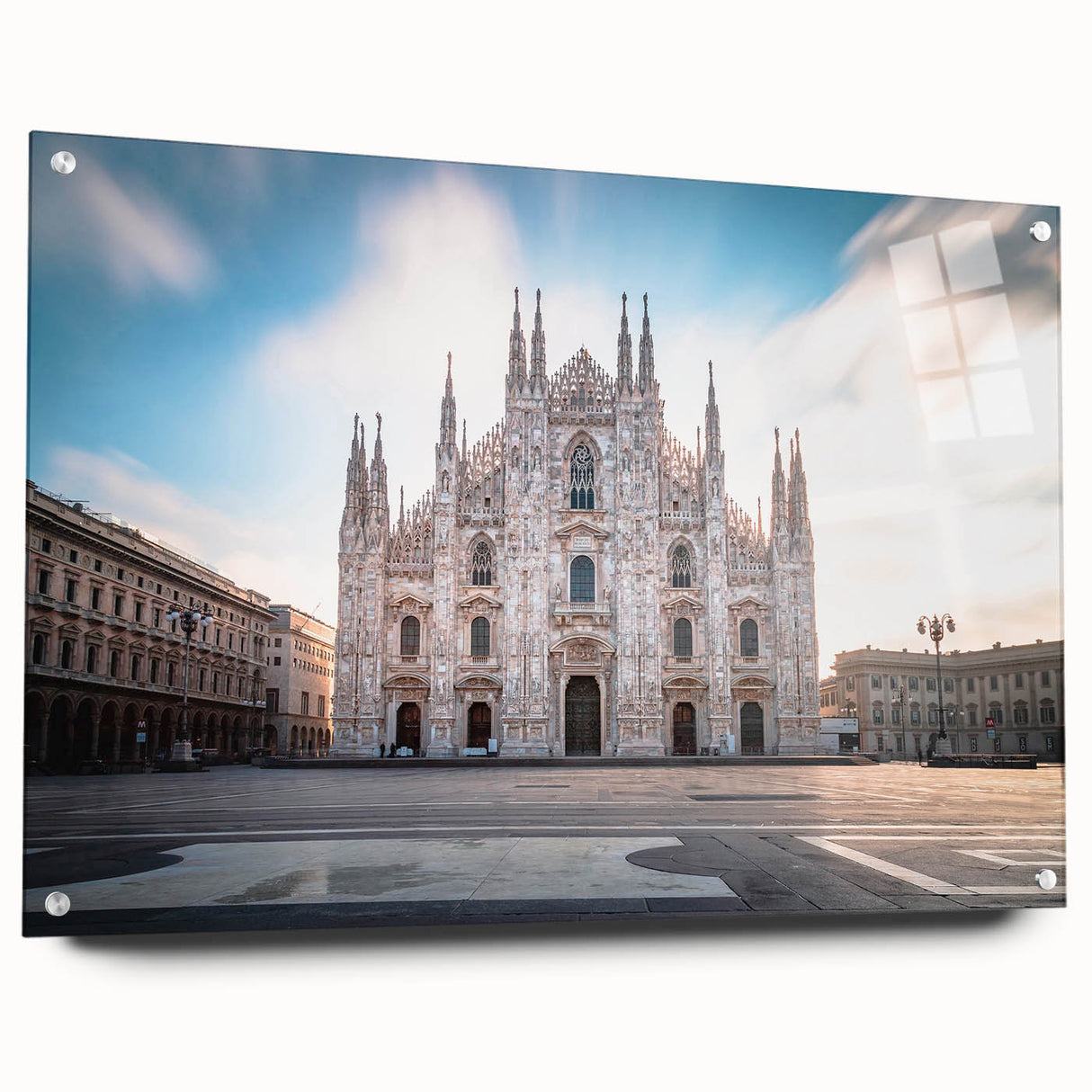 Acrylic print of a Milan cityscape in muted earth tones, ideal for dining room decor.
