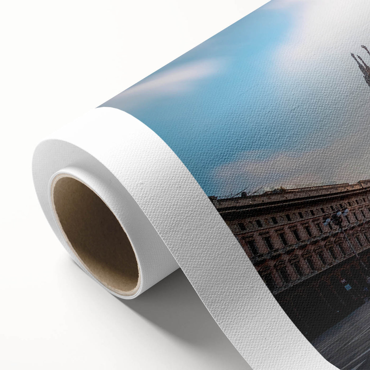 Art Deco style poster of Milan scenery on rolled canvas, featuring muted earth tones.