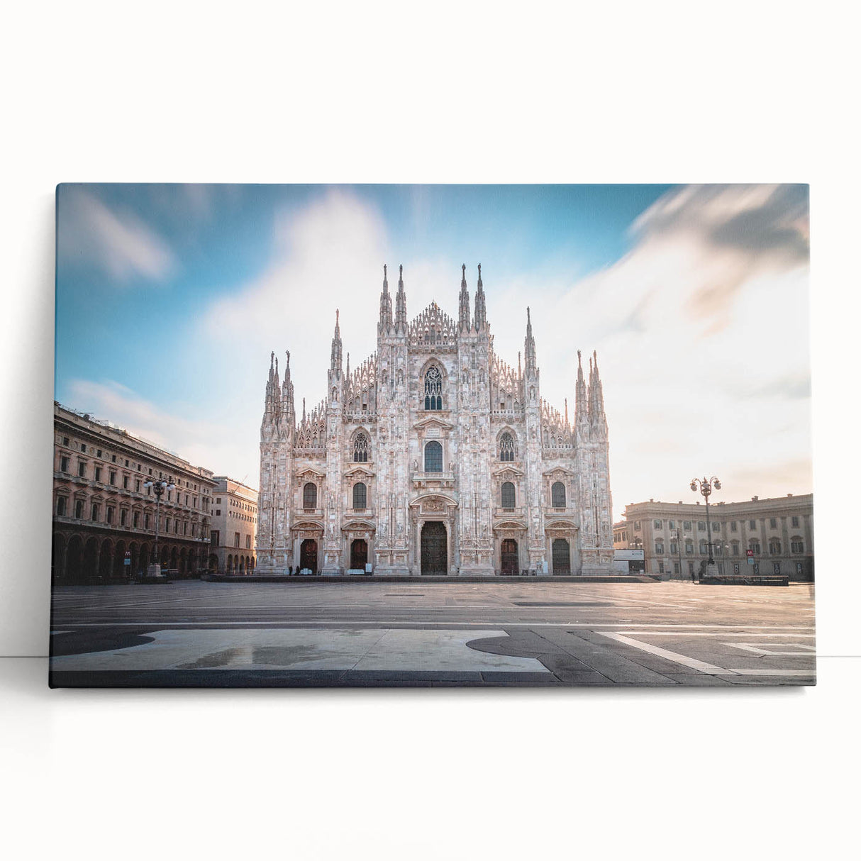 Black and white stretched canvas of Milan scenery, ideal for kitchen wall art.