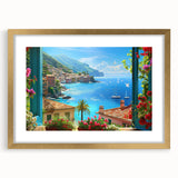 Abstract art print of Portofino, Italy, with vibrant hues of blue and green on a framed gold mat.