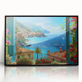 Large abstract wall art of Portofino, Italy, in vibrant colors on a black framed acrylic.