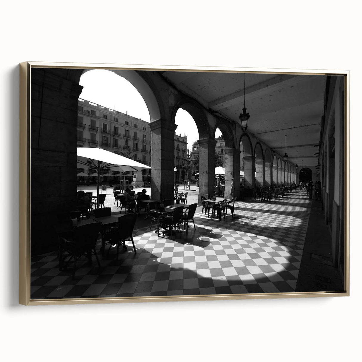 Framed canvas depicting a vintage-style Rome landscape in black and gold tones, ideal for bedroom wall art.