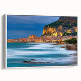Vintage poster art of a Sicilian landscape on a framed canvas, featuring colorful art with a black border.