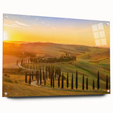 Acrylic print of a Tuscan landscape in muted earth tones, suitable for bedroom or dining room decor.