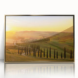 Framed acrylic print of a Tuscan landscape in soft earth tones, suitable for modern art wall decor or a nursery.