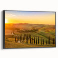 Black and white framed canvas of a Tuscan landscape with vintage poster art style, suitable for bedroom decor.