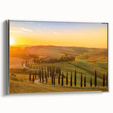 Framed canvas landscape art painting of Tuscany with vibrant green fields and a blue sky, ideal for living room decor.