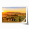 Rolled print of a Tuscan landscape with vibrant green fields and a clear blue sky, ideal for dining room wall art.