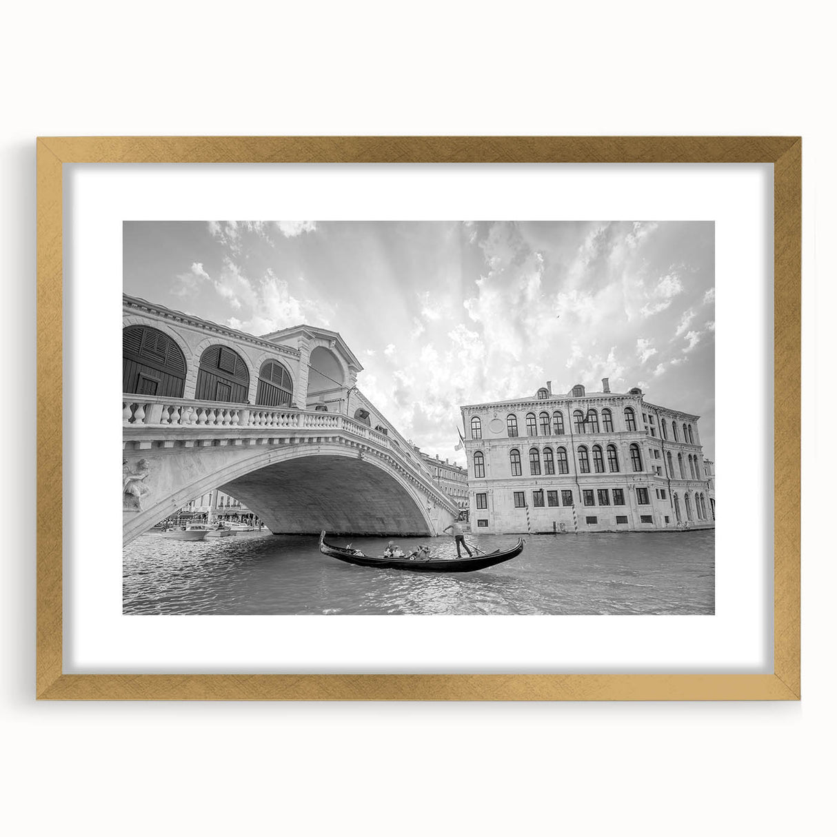 Abstract art print of Venice scenery in muted gold and blue tones on a framed canvas, suitable for dining room decor.