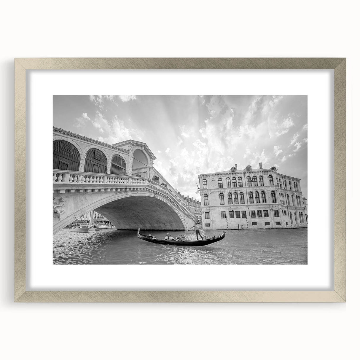 Extra large framed wall art of an abstract Venice scenery in textured silver, ideal for living room decor.