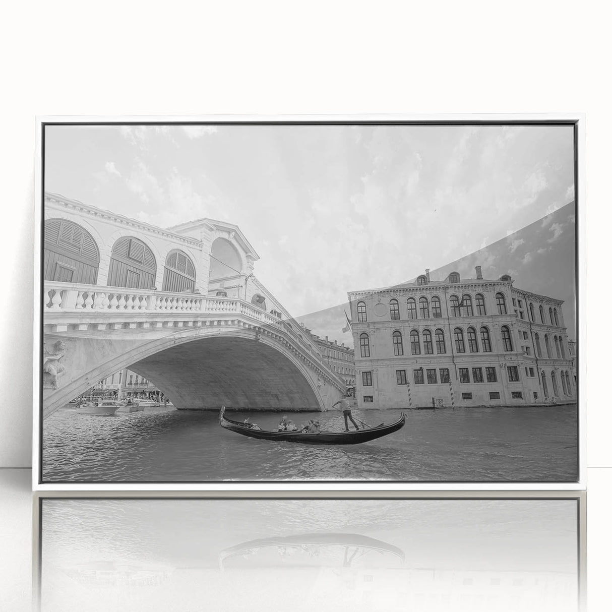 Mid-century modernist art depicting Venice scenery on a white framed acrylic, featuring muted earth tones.