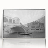 Mid-century modernist art depicting Venice scenery on a white framed acrylic, featuring muted earth tones.