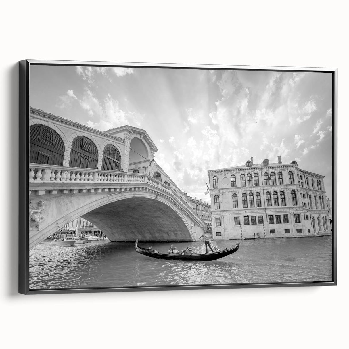 Black and white framed canvas featuring a vintage-style landscape painting of Venice, ideal for bedroom wall decor.