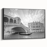 Black and white framed canvas featuring a vintage-style landscape painting of Venice, ideal for bedroom wall decor.