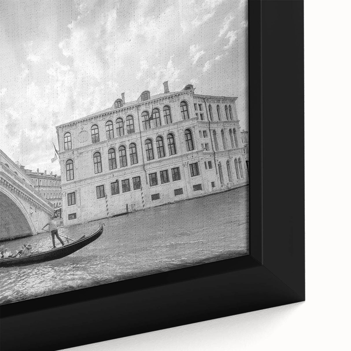 Extra large framed canvas of a textured black wall art featuring a colorful Venice scenery, ideal for living room decor.