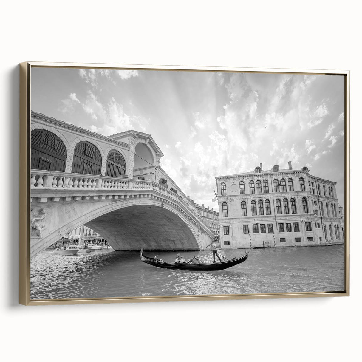 Framed canvas featuring a vintage-style landscape painting of Venice with muted gold and black tones.