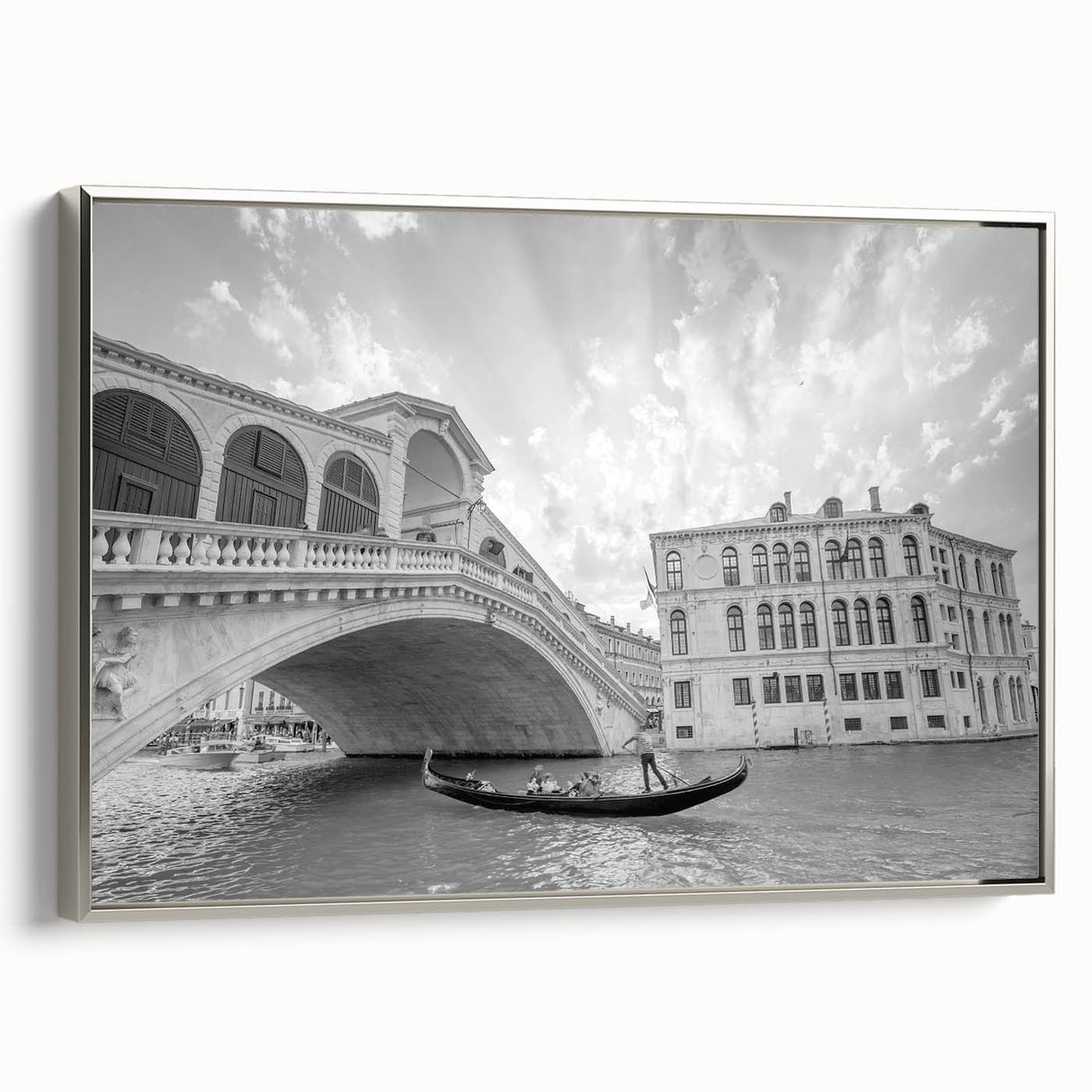 Framed canvas landscape art painting of Venice with muted silver and colorful highlights, ideal for living room decor.