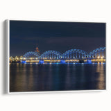Vintage poster art of a scenic Latvia landscape, in colorful hues on a white framed canvas, ideal for living room decor.