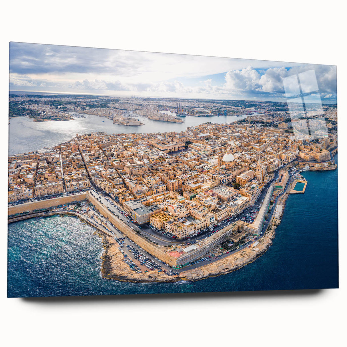Large abstract wall art of a European Malta scenery in muted blue and white tones on acrylic glass.