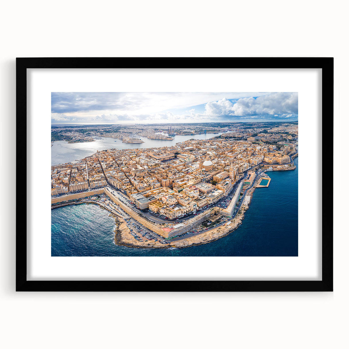 Extra large abstract art print of colorful, textured scenery of Malta on a black framed canvas, ideal for living room decor.
