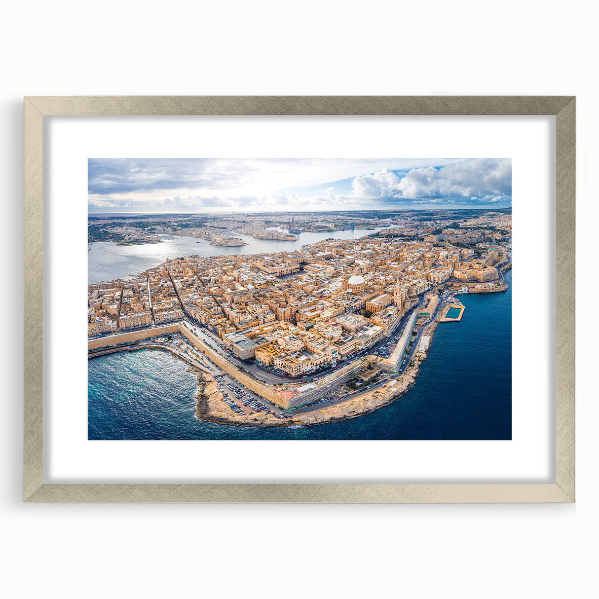 Extra large abstract art print of a textured European Malta scenery in muted earth tones, framed in silver.