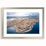Extra large abstract art print of a textured European Malta scenery in muted earth tones, framed in silver.
