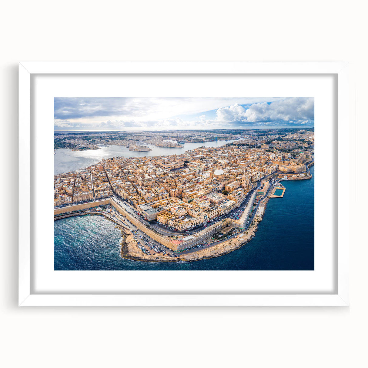 Textured abstract art print of Malta scenery in muted earth tones on a framed white mat, ideal for bedroom wall decor.