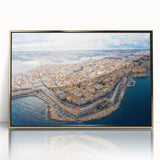 Art Deco-style poster of Malta scenery in gold frame, ideal for modern nursery wall art.