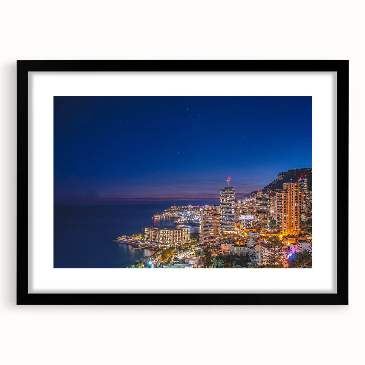 Extra large textured abstract art print of a colorful Monaco scenery on a black framed canvas.