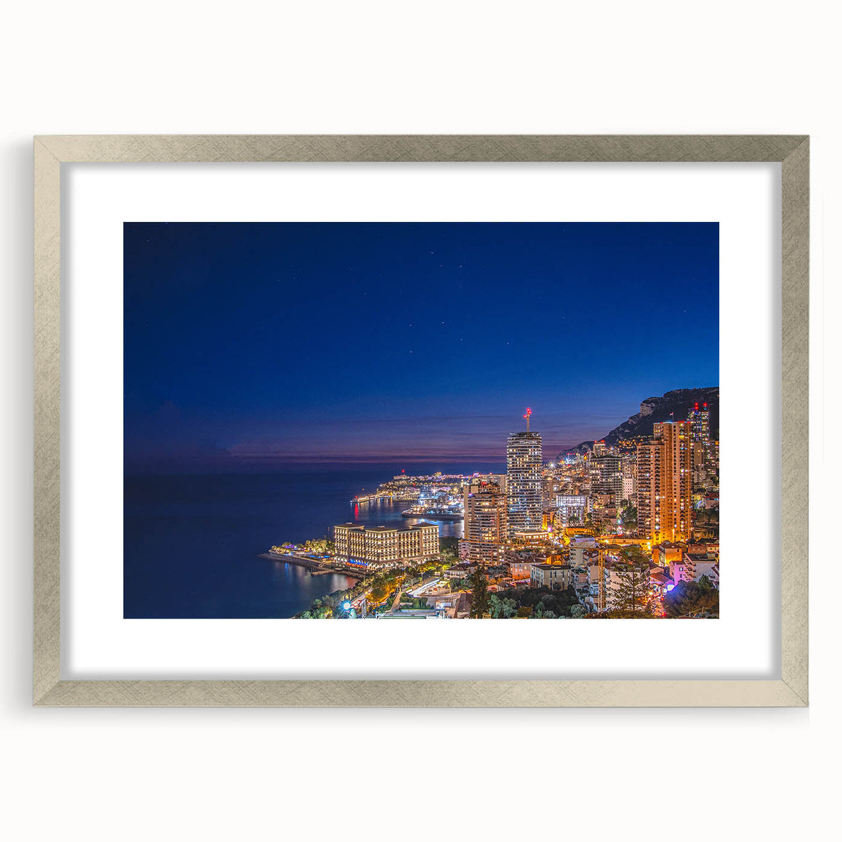 Extra large wall art depicting an abstract European Monaco scenery in textured silver frame, ideal for living room decor.