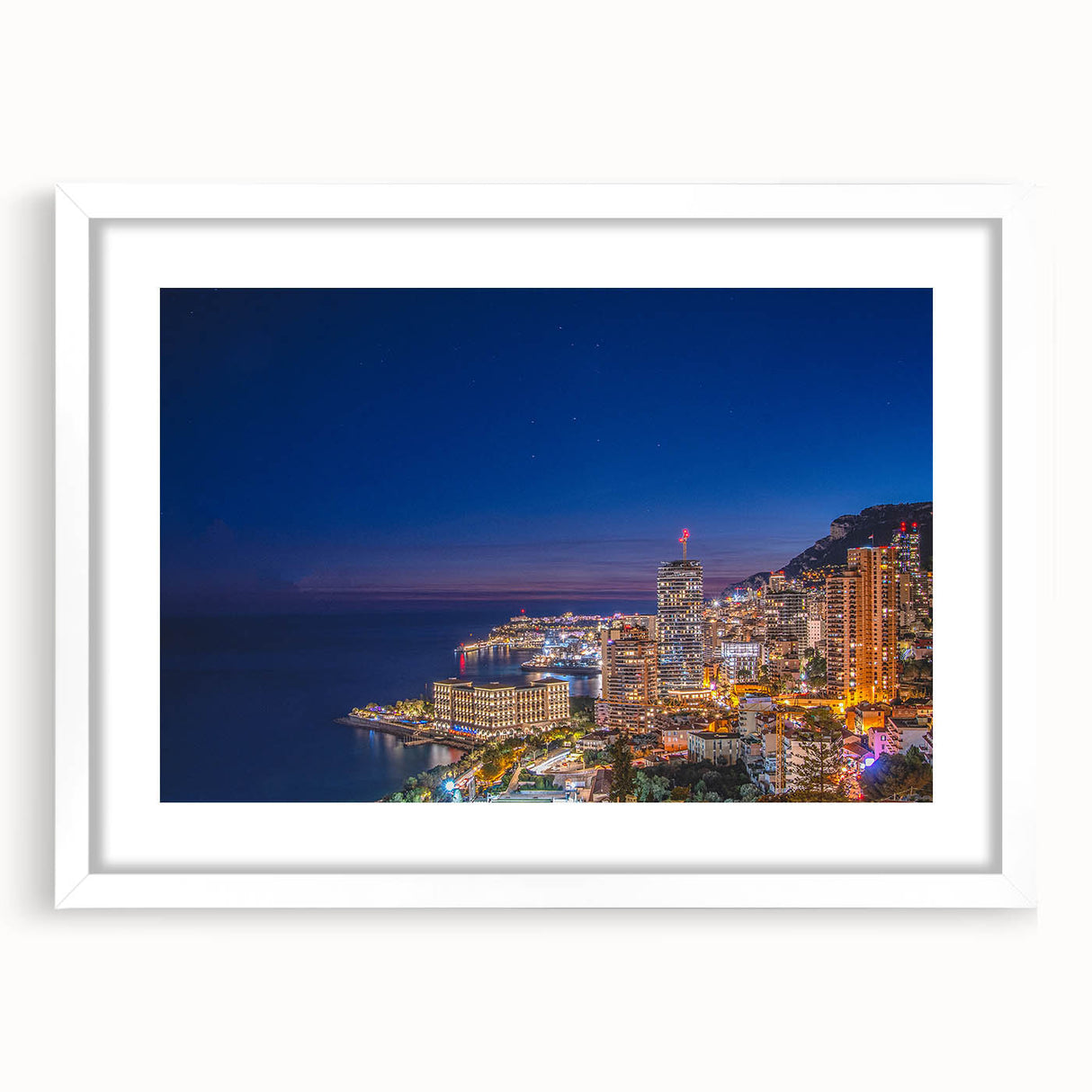 Textured abstract art print of Monaco scenery in muted earth tones, framed with a white mat, ideal for bedroom art.