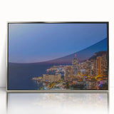 Large art print of a Monaco scenery in mid-century modernist style, with muted blue and silver tones on framed acrylic.