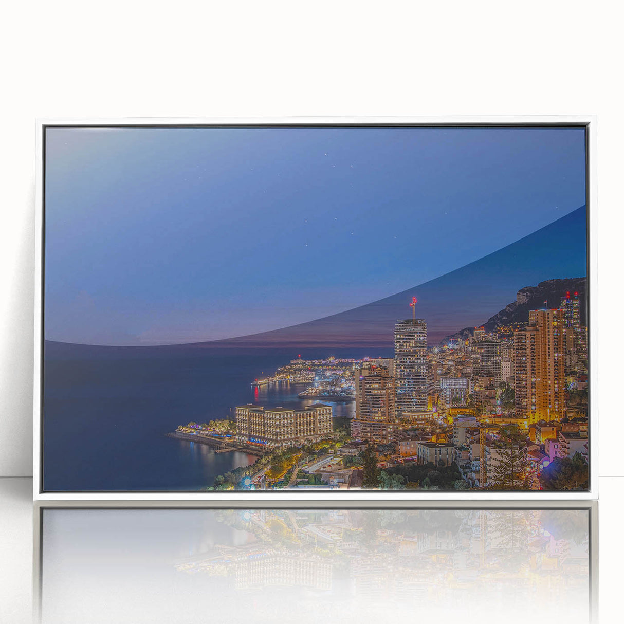Mid-century modernist art depicting Monaco scenery in muted pastel shades on a framed acrylic.