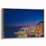Framed canvas depicting vintage poster art of Monaco landscape in black and gold tones, ideal for bedroom wall decor.